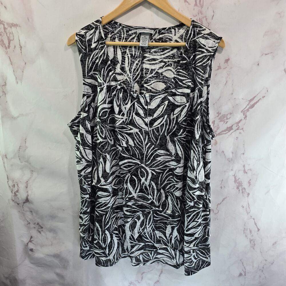 Catherines Tank Top Women 3X 26 28 Black White V Neck Leaf Botanical